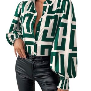 SHEIN Green and White Graphic Notched Collar Blouse
